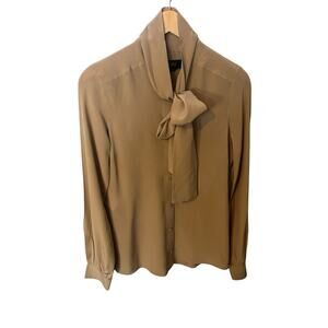 Gucci Uniform Beige 100% Silk Satin Tie Neck Blouse Shirt Top Size 40